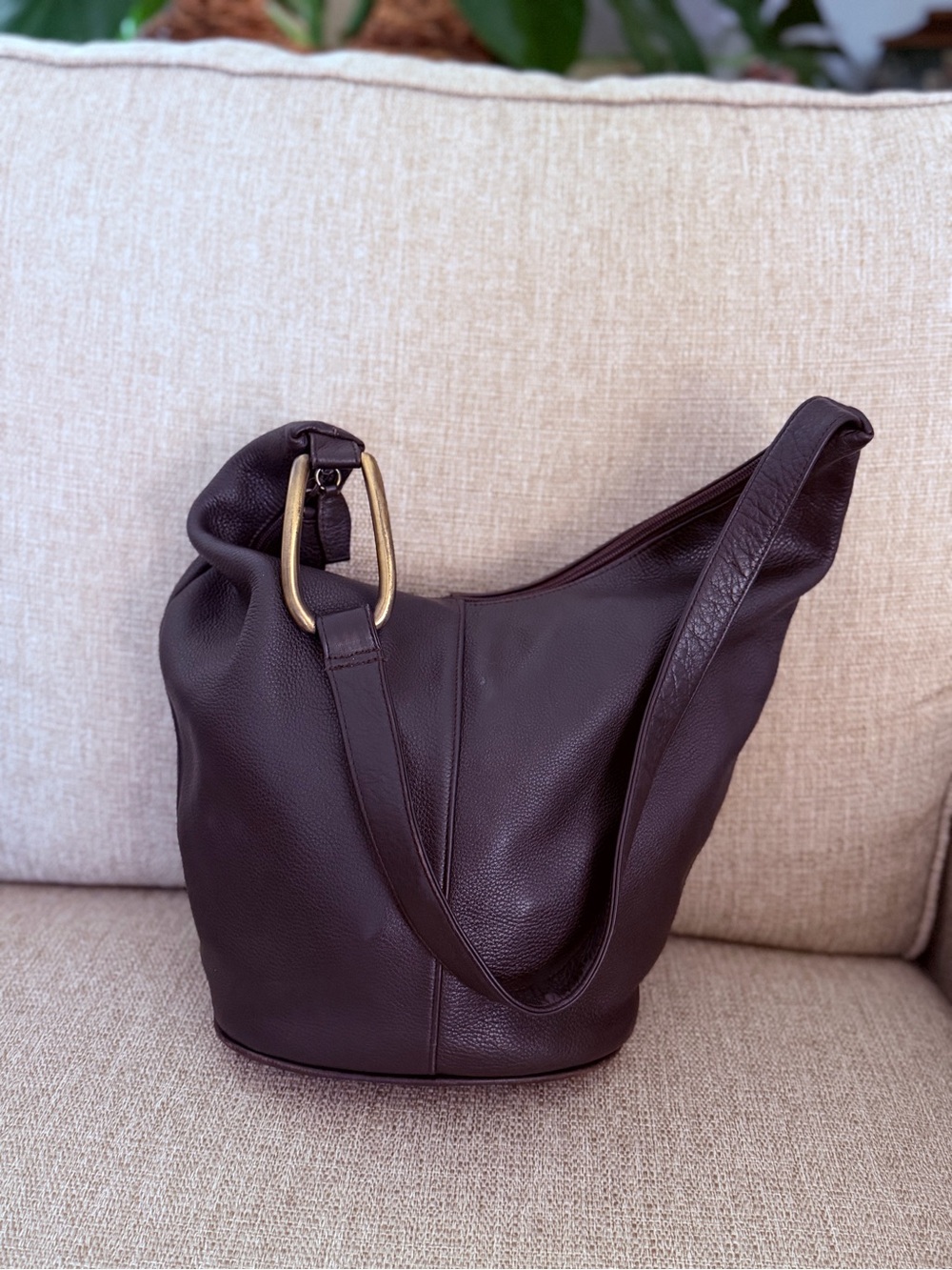 Pebbled Leather Hobo Bag in Dark Brown with Brass Accent